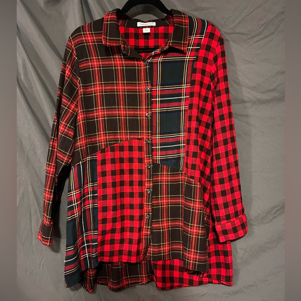 Coldwater Creek Plaid Patchwork Button-Up Blouse Red Black Long Sleeve L